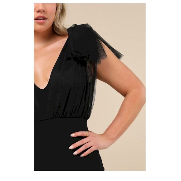 Lulus Fabulous Fun Black Tulle Flutter Sleeve Mermaid Maxi Dress Size Small NWOT - Picture 6 of 7